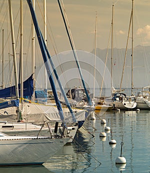 Beautiful white sailing boats atÂ Veytaux port on Geneva lake on